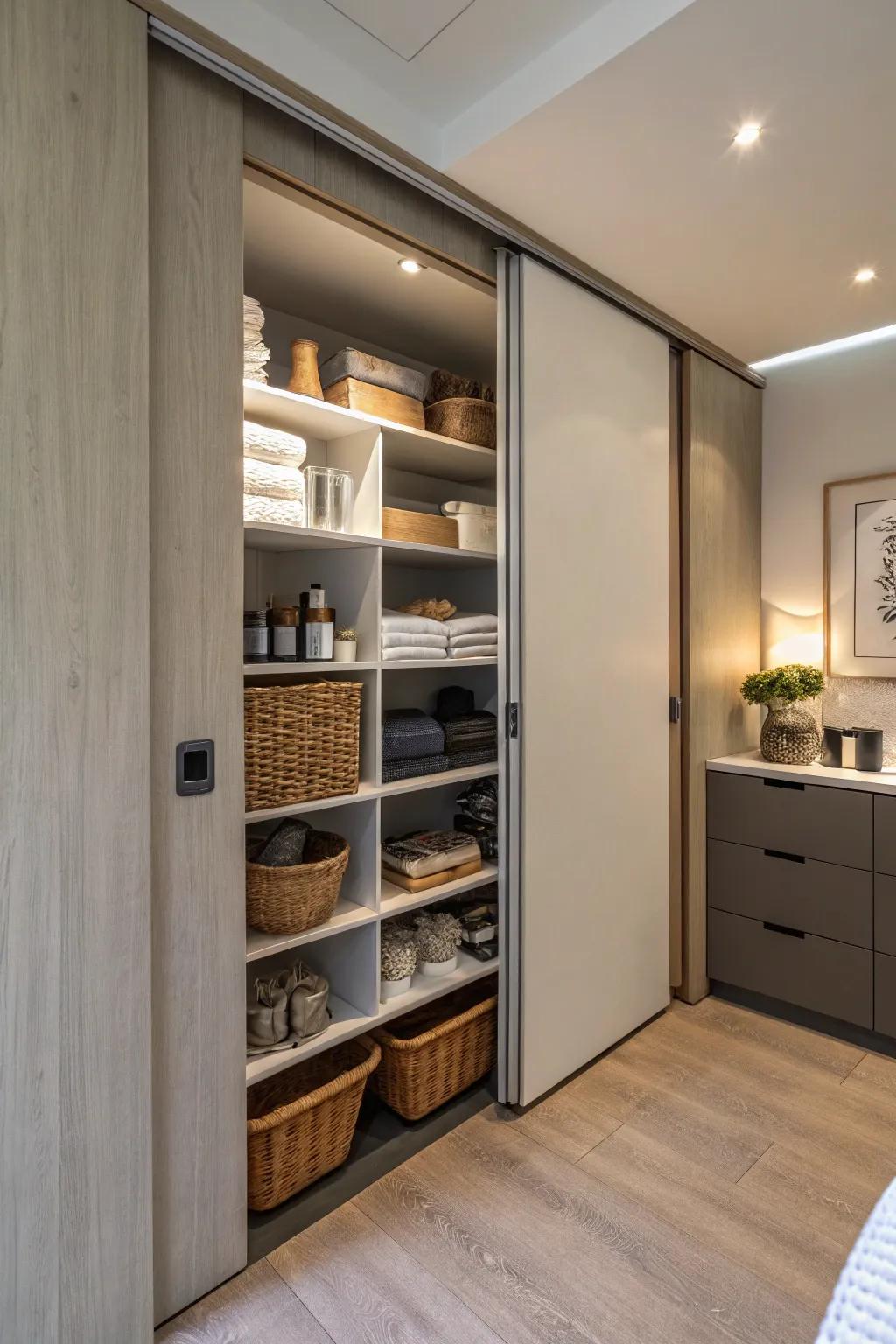 Maximize space with sliding doors that double as hidden storage.