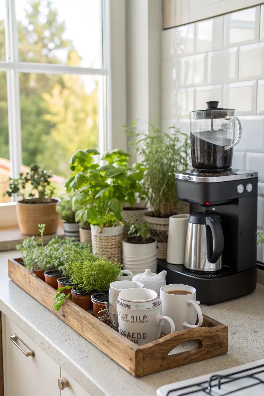 Greenery adds a fresh and lively touch to your coffee station.