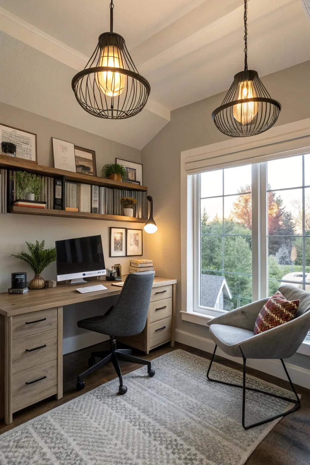 Contemporary lighting designs add artistic flair to your home office.