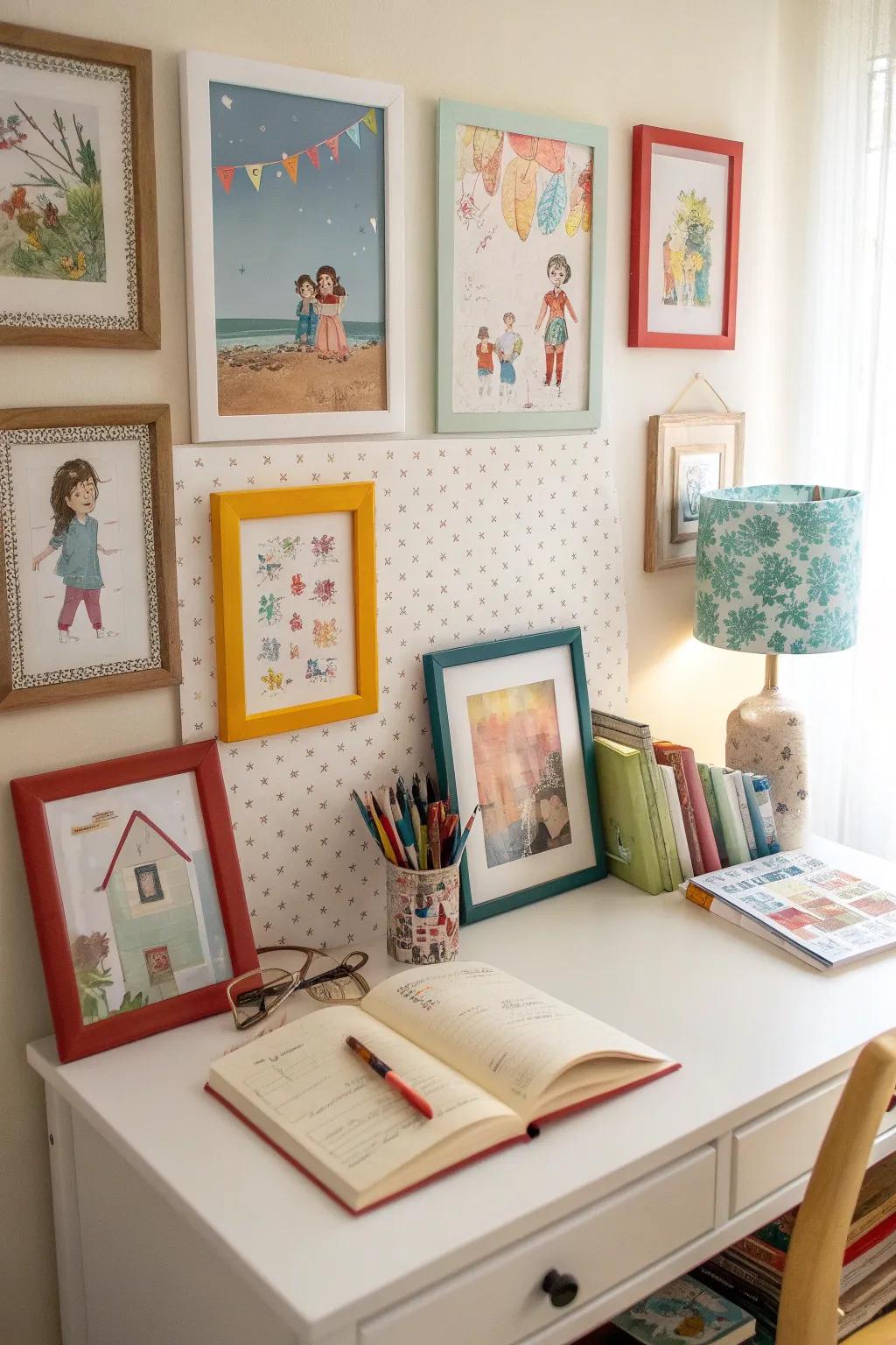 Personal touches of artwork add charm to the study area.