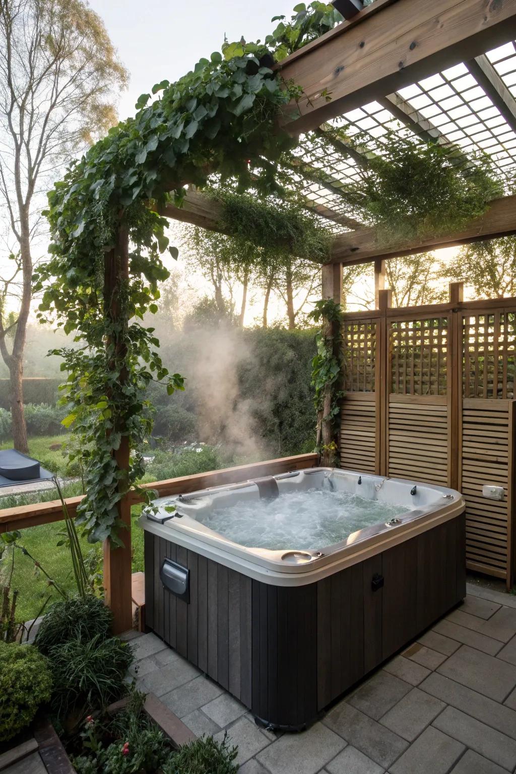 A private hot tub area with screens and a pergola.