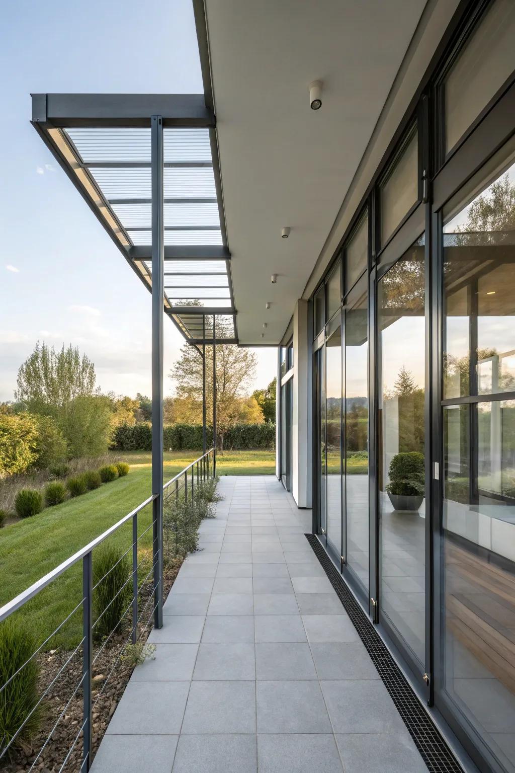 Modern materials like metal and glass elevate this porch's style.