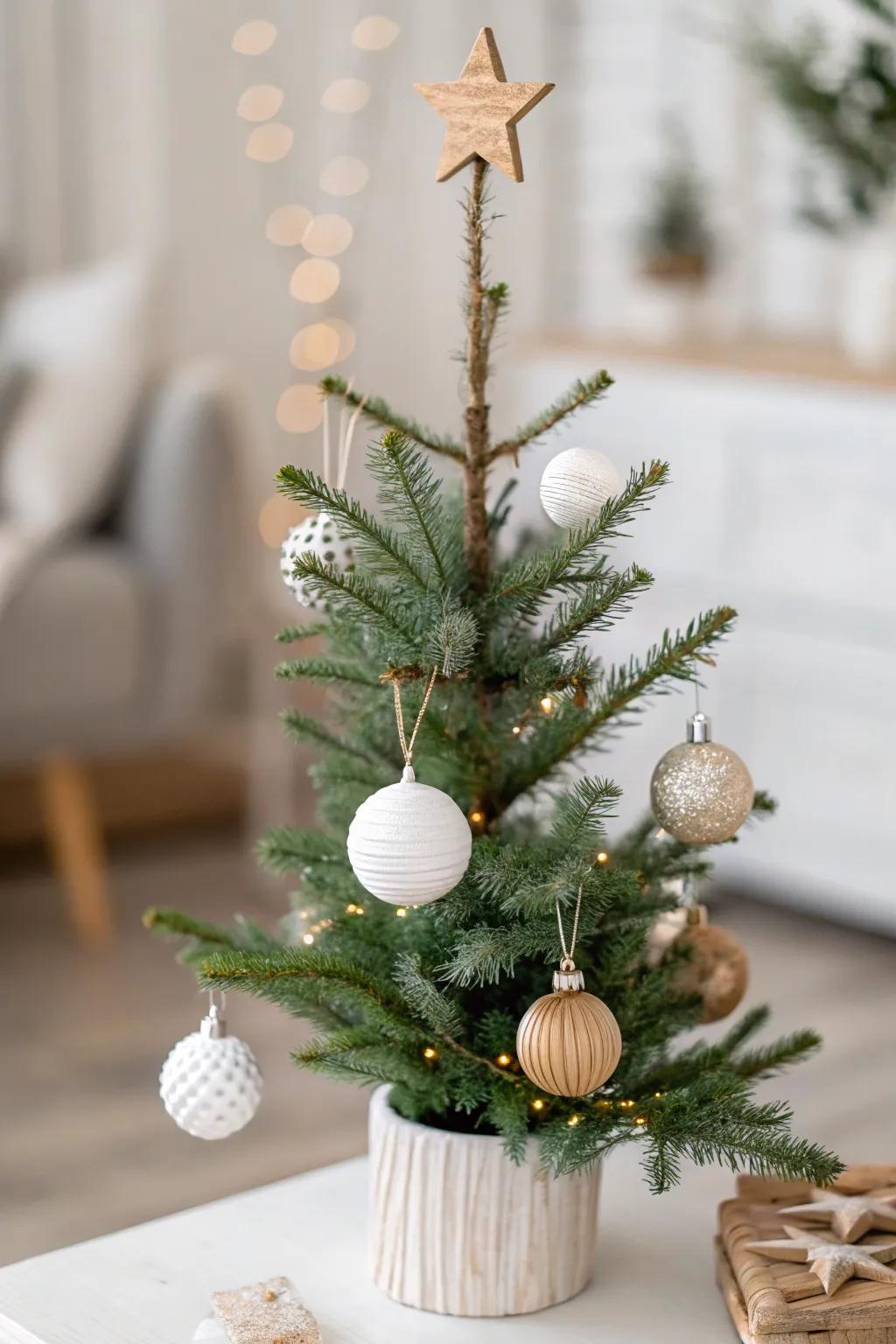 A minimalist Scandinavian-style Christmas tree with clean and simple decorations.