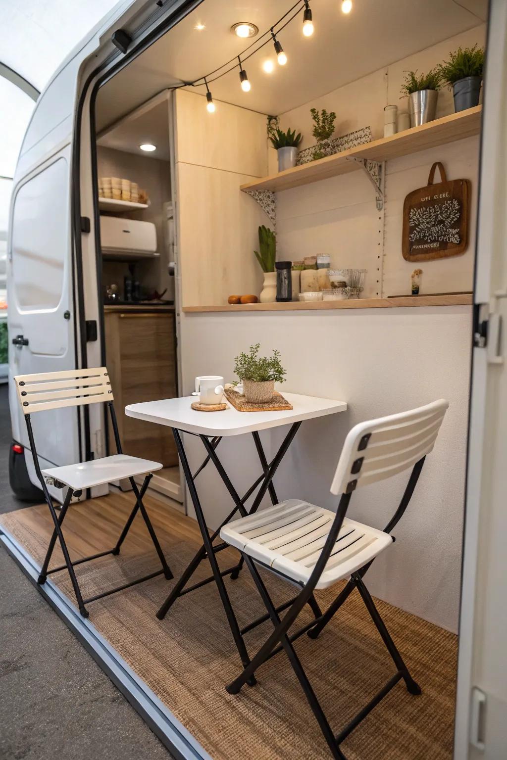 A dining area that maximizes space with foldable furniture.