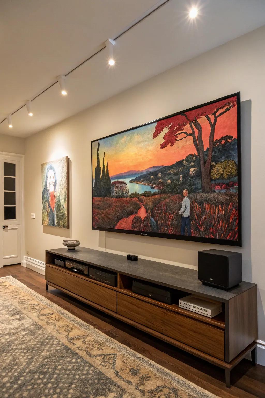 Artwork serves as a dual-purpose decor and cord cover.