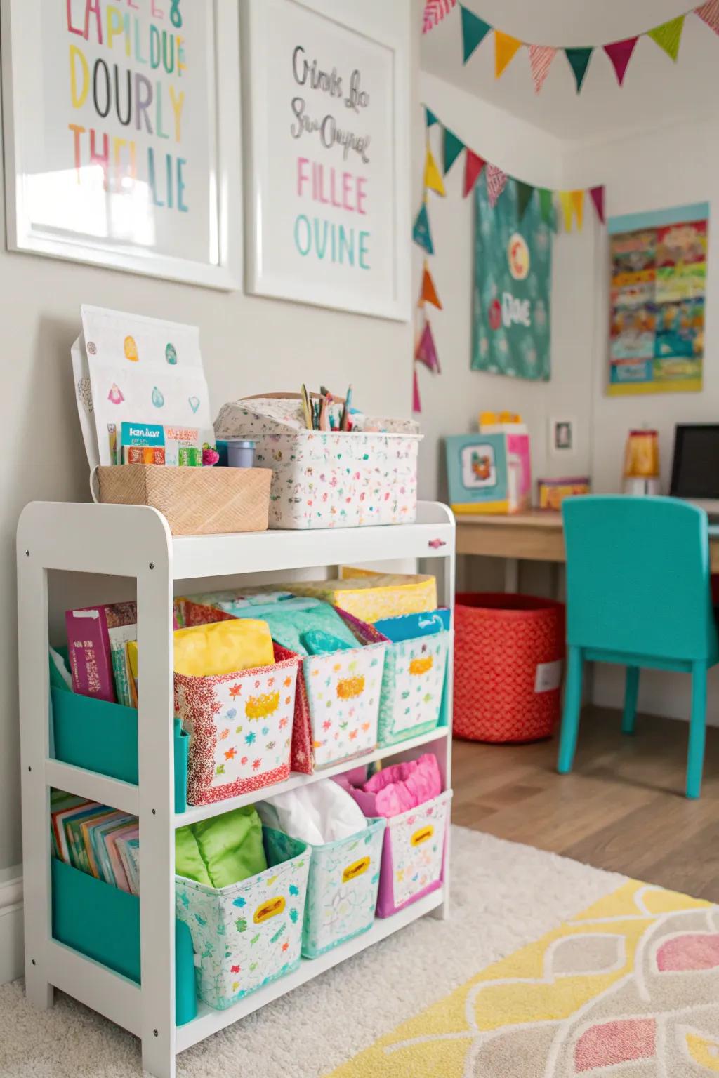 An innovative use of a toy organizer for storing tissue paper.