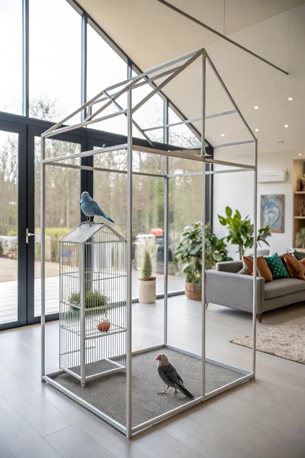 Sleek and modern, a minimalist metal frame aviary design.