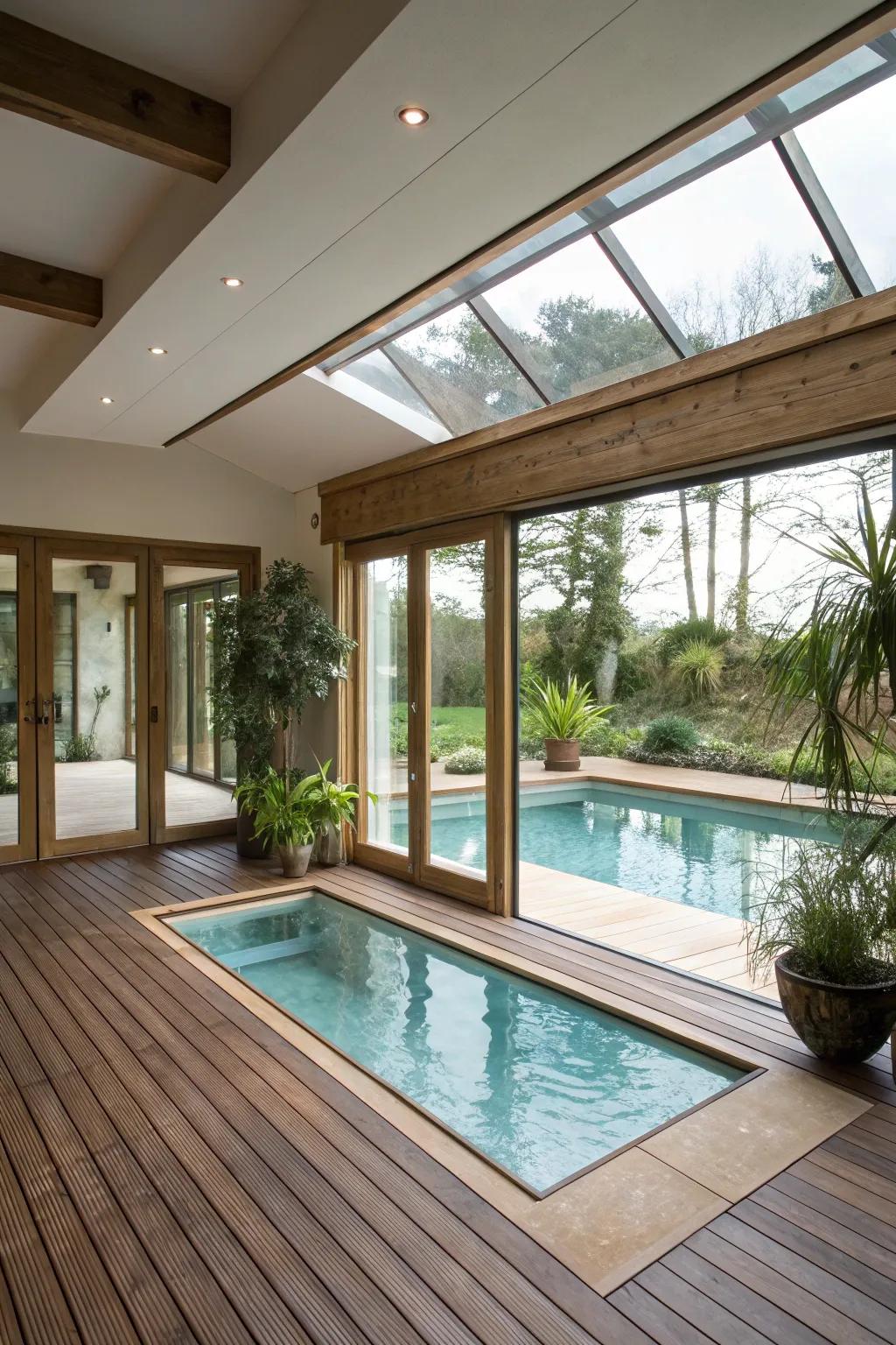 An open layout indoor pool with natural materials