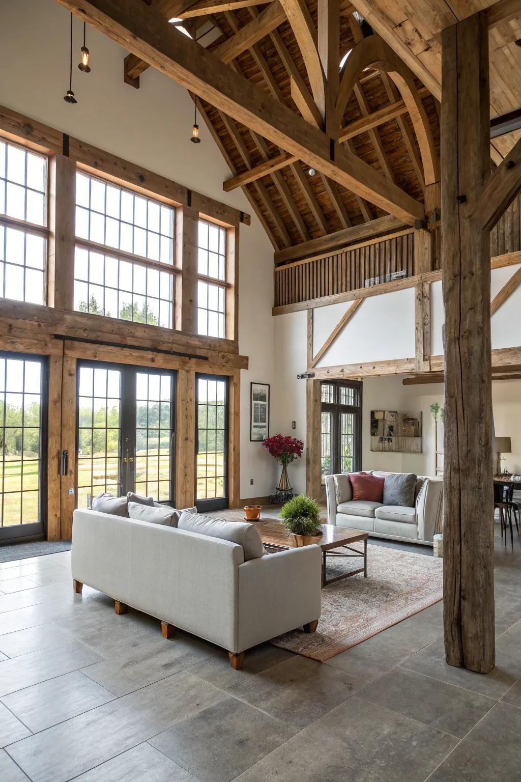 A fusion of styles creates a unique and appealing barndominium interior.