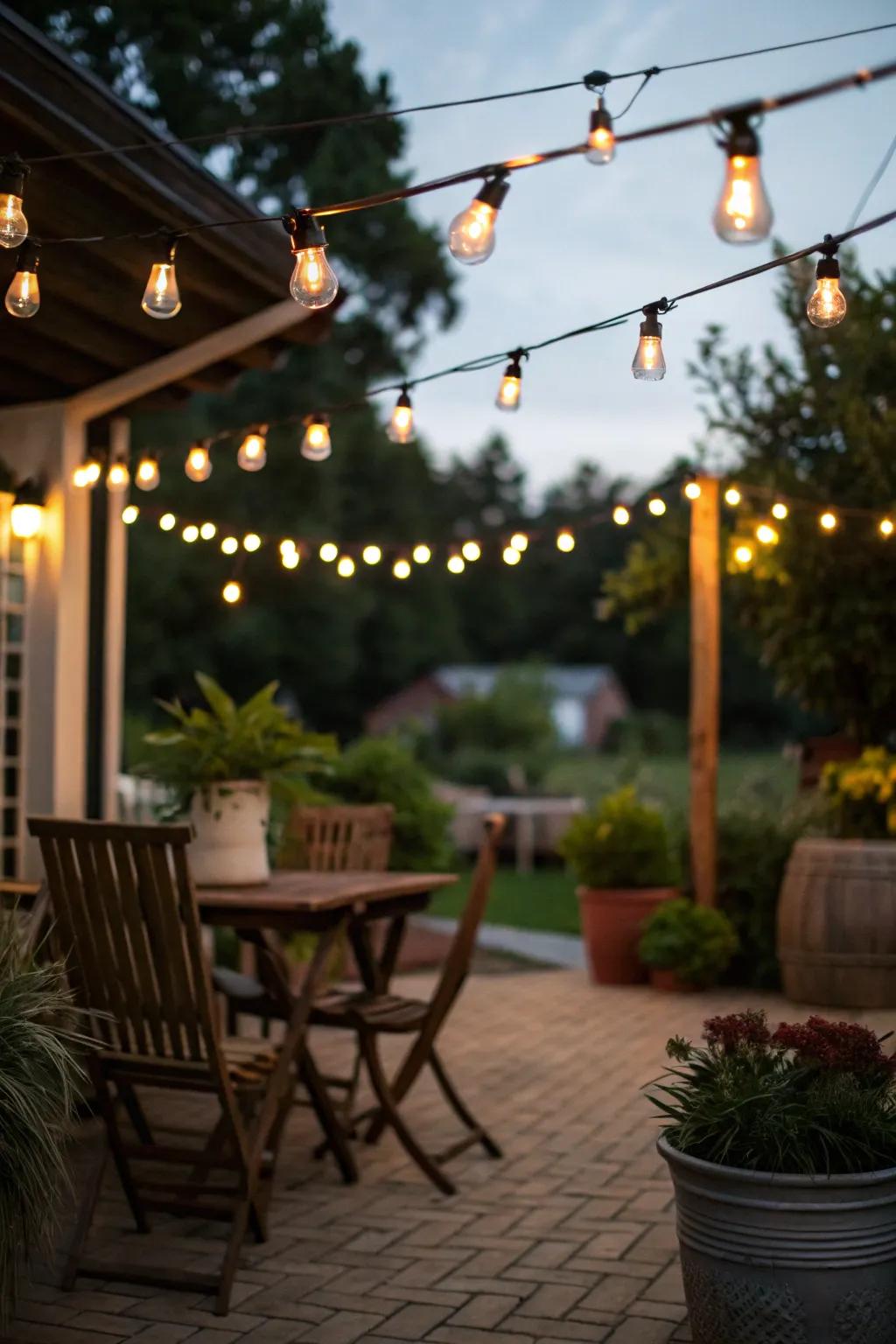 String lights create a warm and inviting ambiance on an Italian patio.