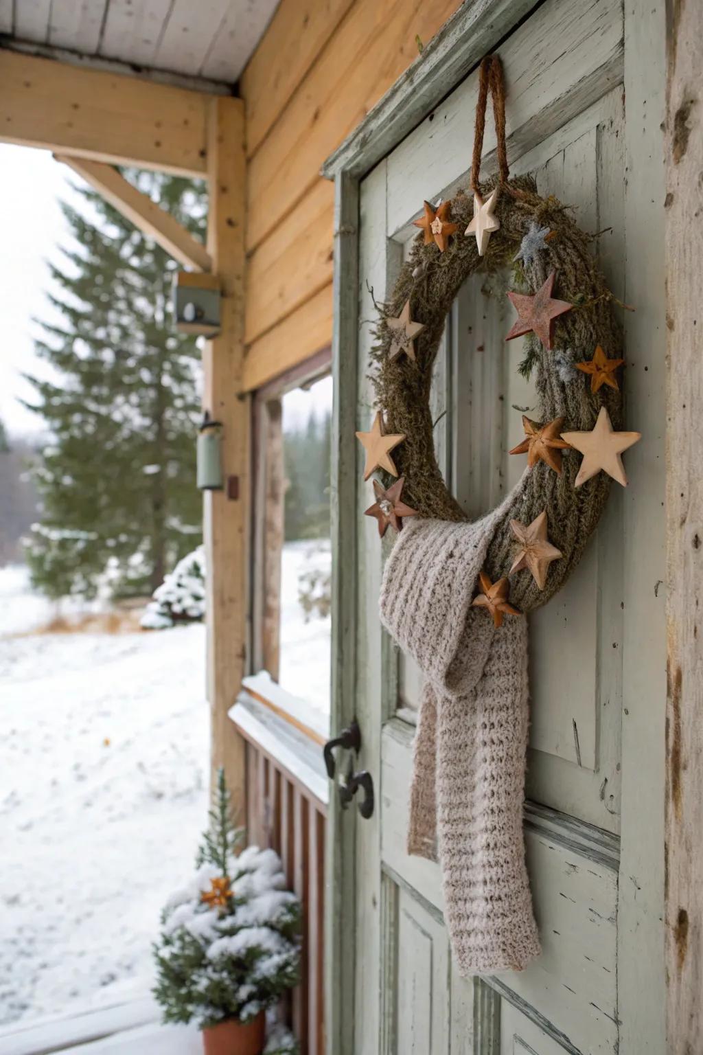 Knitted textures bring a cozy and personal feel to winter wreaths.