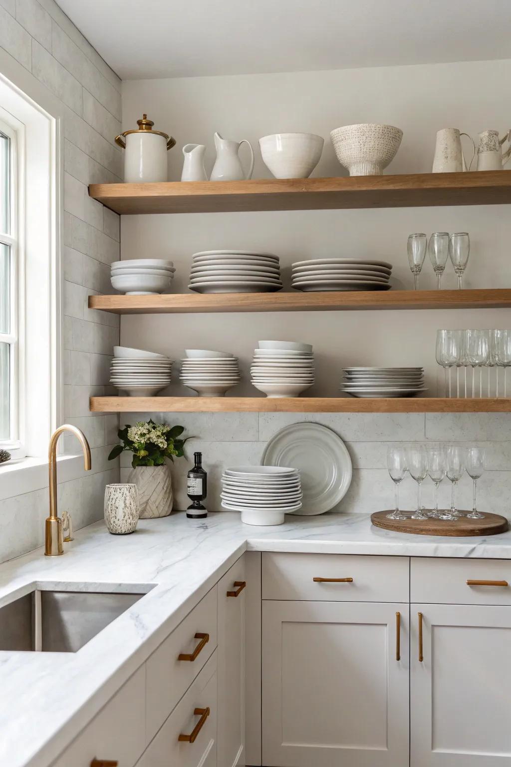 Open shelving keeps the kitchen airy and inviting.