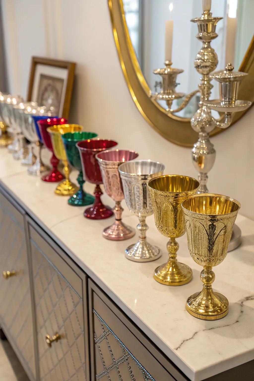 Kiddush cups creating a captivating display on a sideboard.