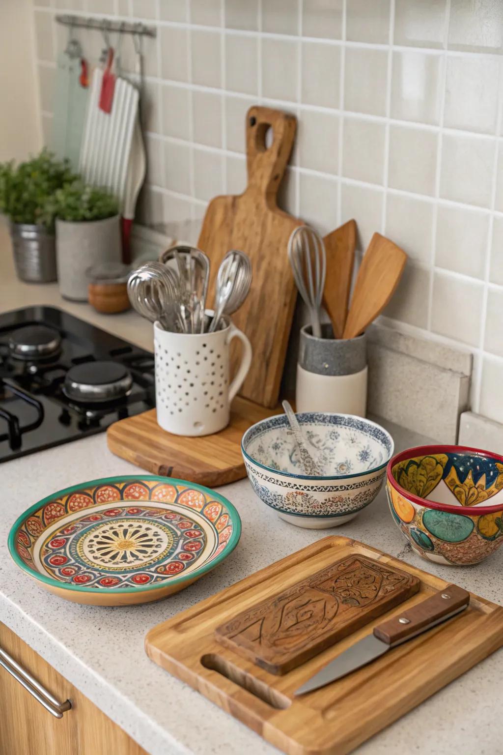 Layered textures creating depth in kitchen decor.