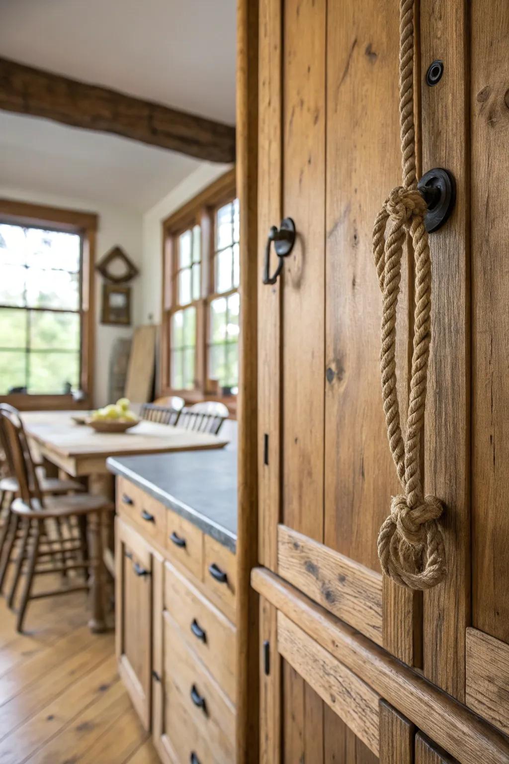 Rustic rope pulls that bring a handmade feel to farmhouse kitchens.