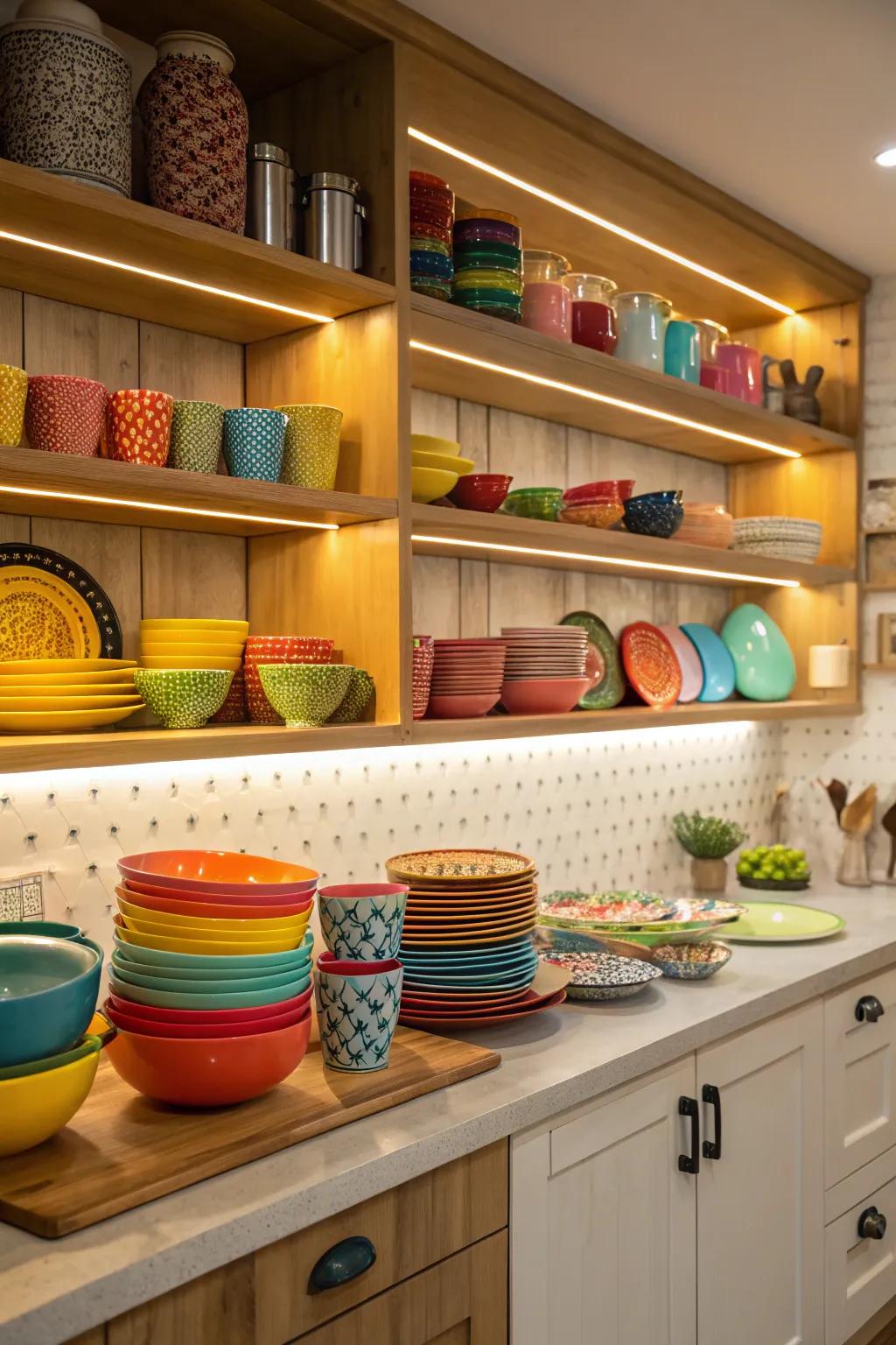 Open shelving adds personality and space to the kitchen.