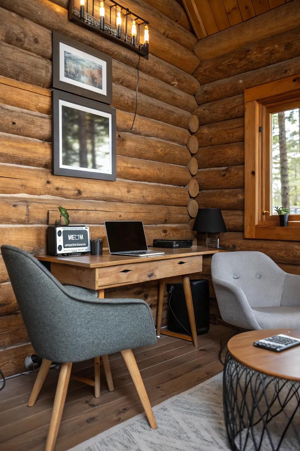 Modern comforts meet traditional knotty pine charm.