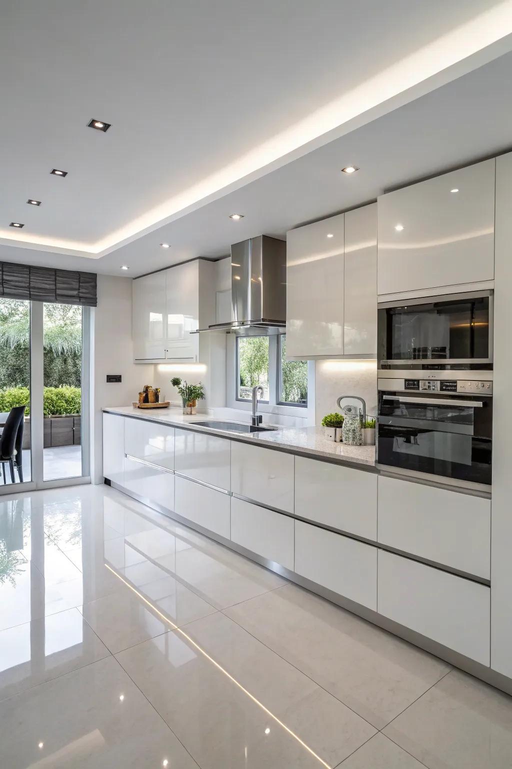 Glossy laminate finishes create a bright and glamorous kitchen space.