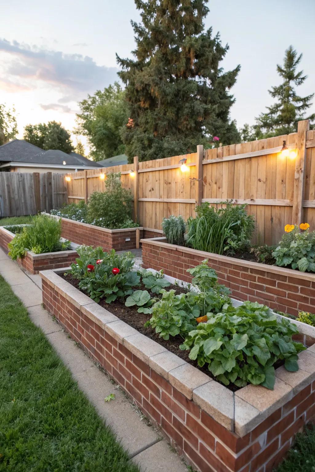 Raised bed borders create defined and elevated planting spaces.