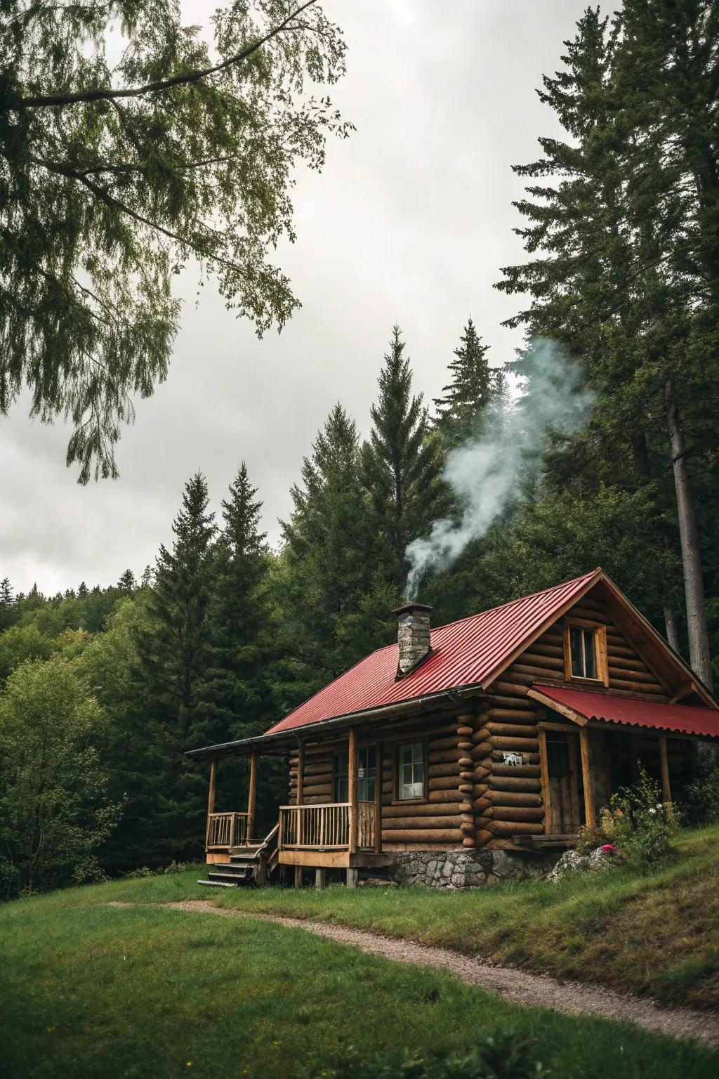 A quaint log cabin nestled in the forest.