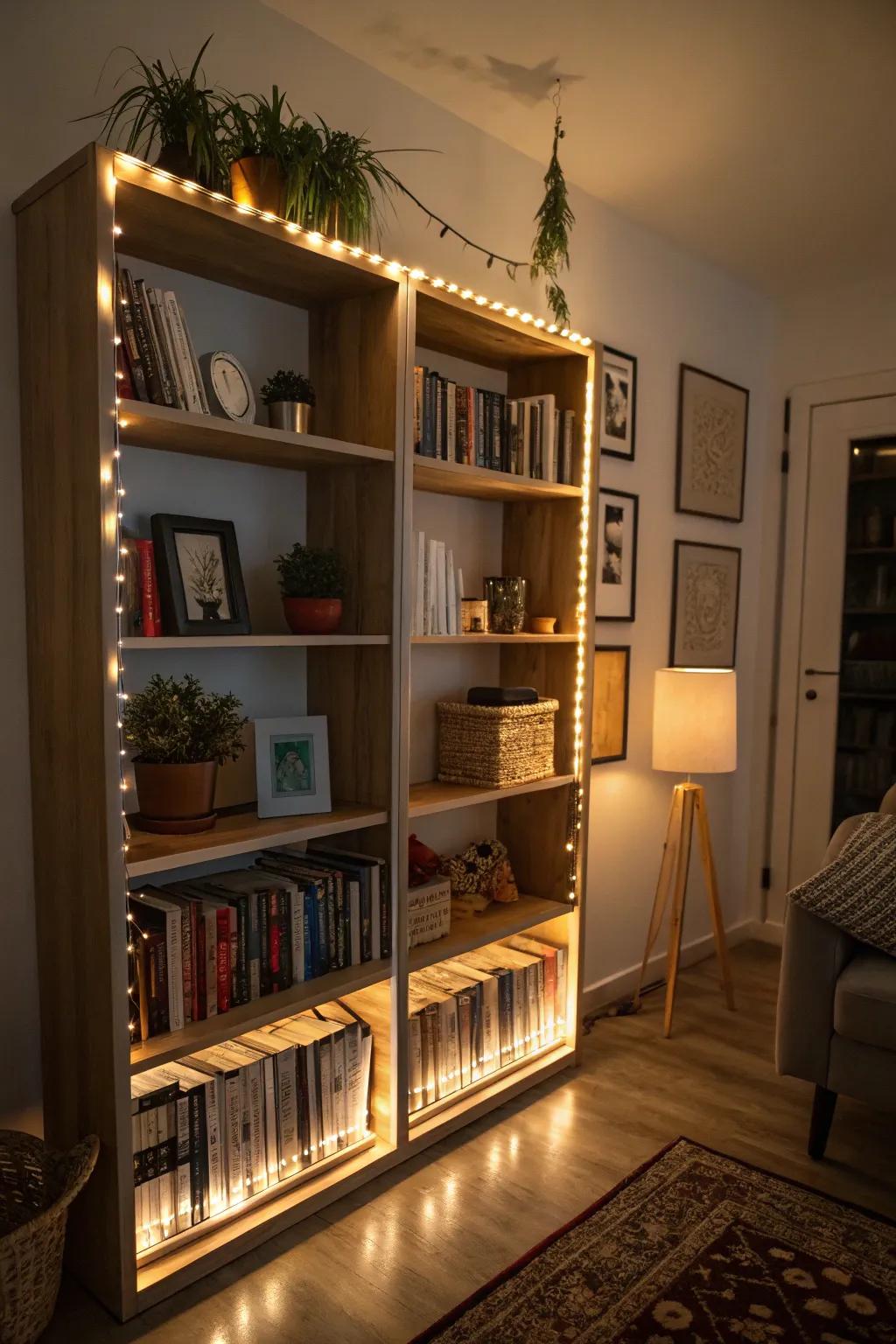 Accent lighting brings focus and warmth to this stylish bookshelf setup.