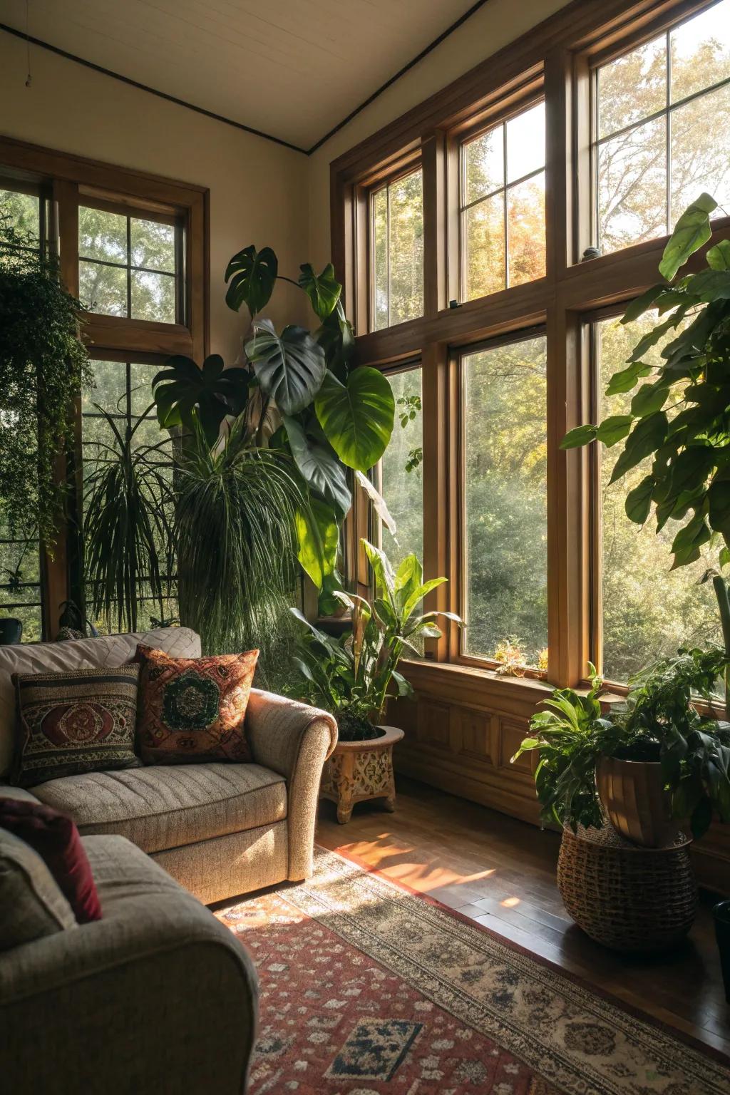 Indoor greenery that complements and enhances the natural scenery outside.