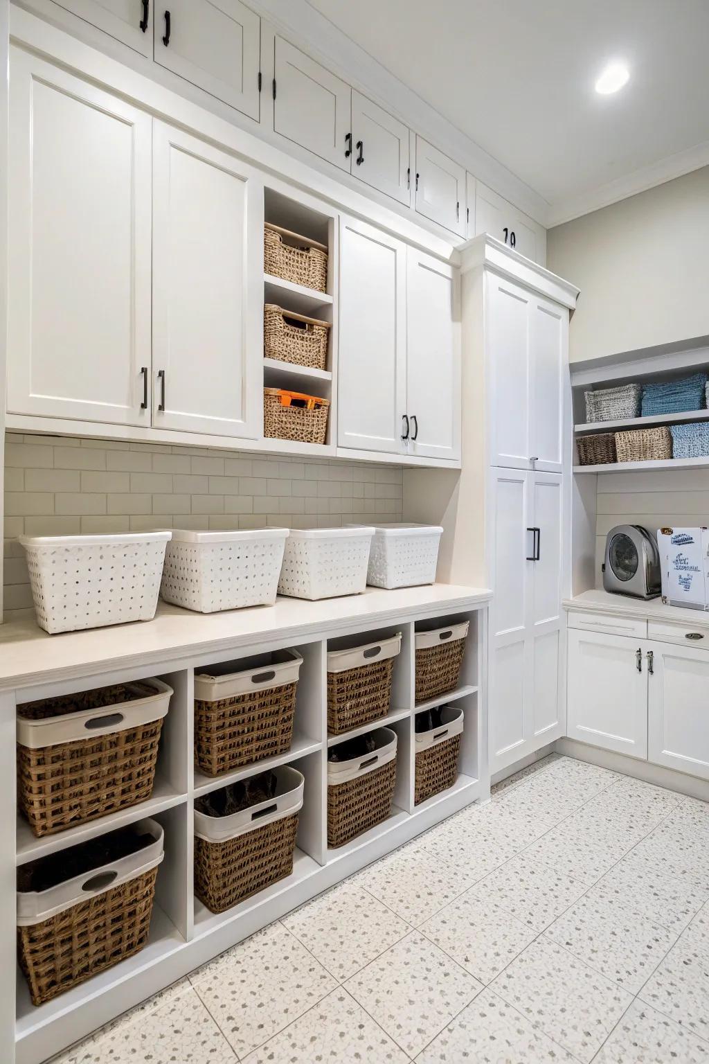 Built-in hampers keep your laundry room looking tidy and organized.