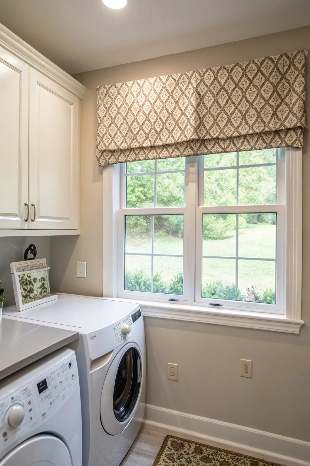 Valances add a touch of elegance to laundry room windows.