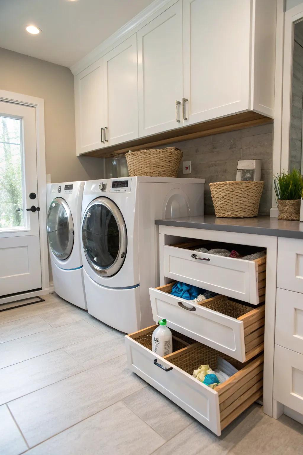 Hidden storage keeps your laundry essentials neatly organized.