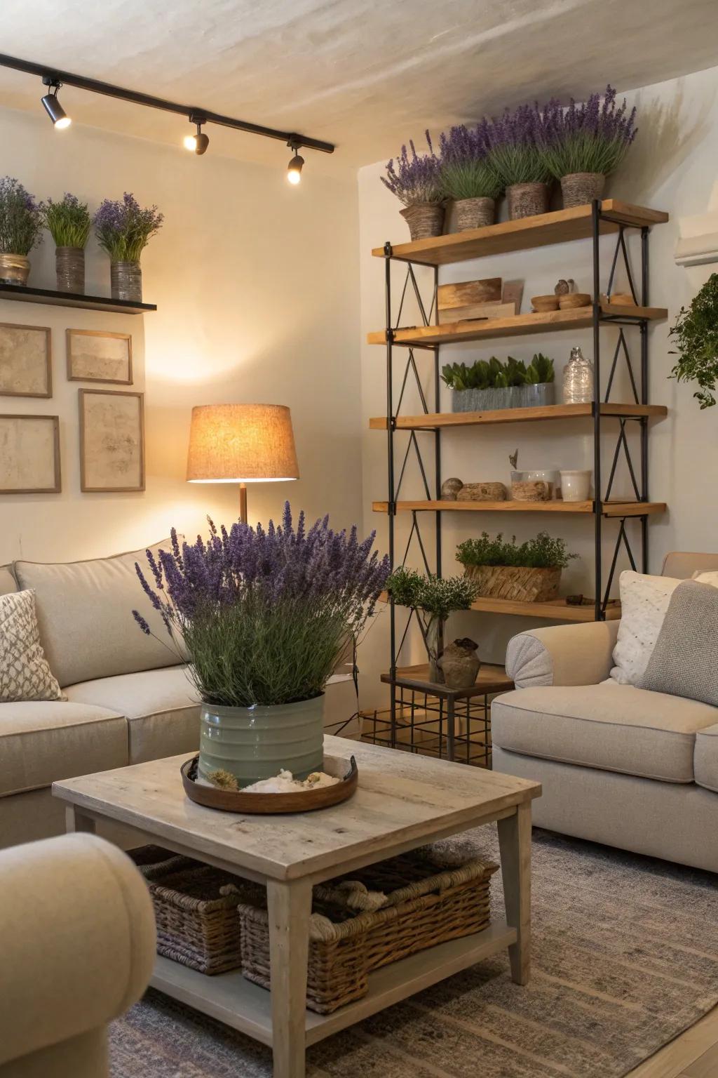 A serene living room with lavender accents.