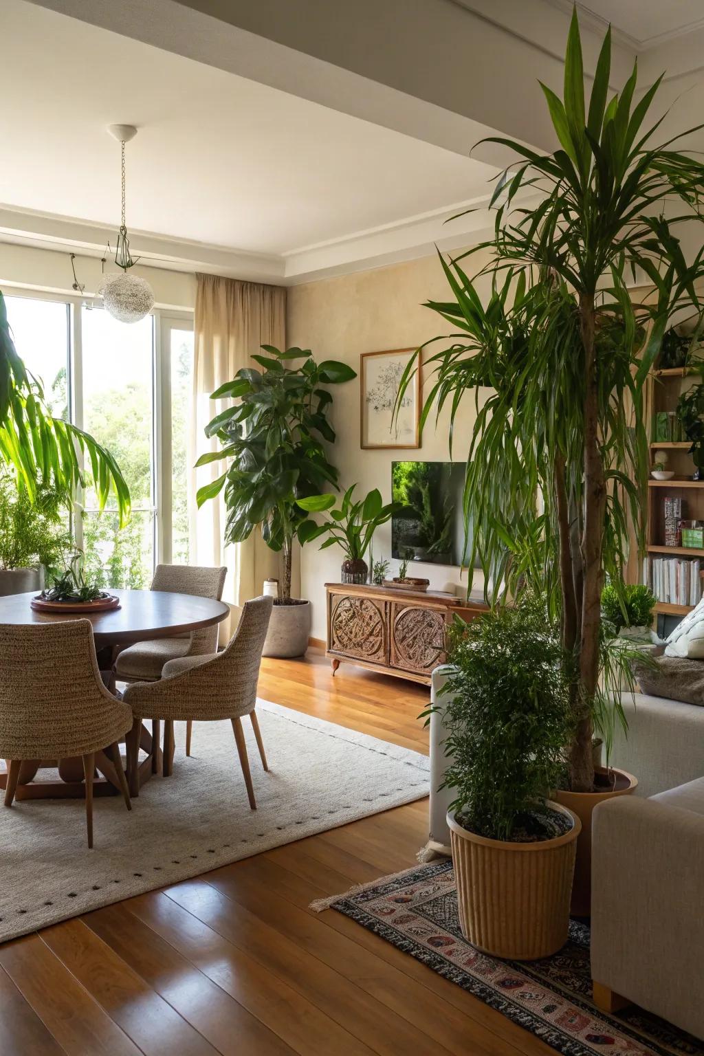 Plants bring nature indoors, creating a soft division between areas.