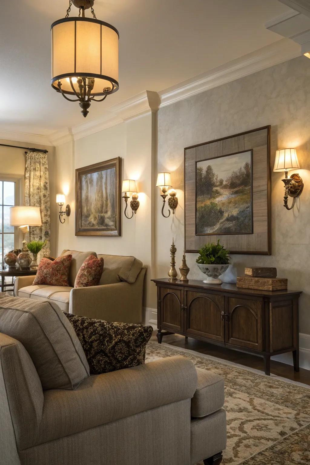 Adjustable sconces offer versatile lighting solutions.