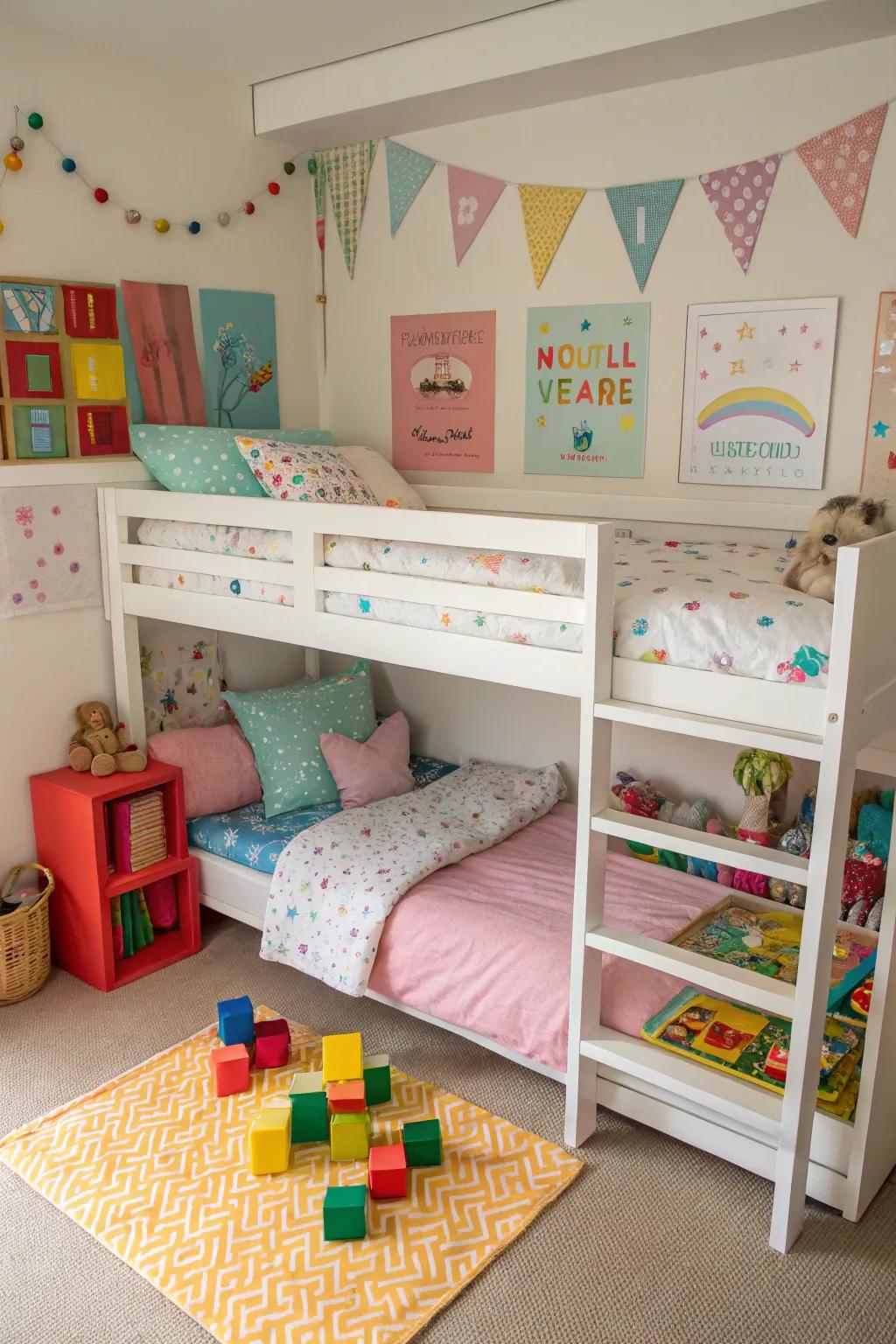 A playful loft bed with space for fun activities underneath.