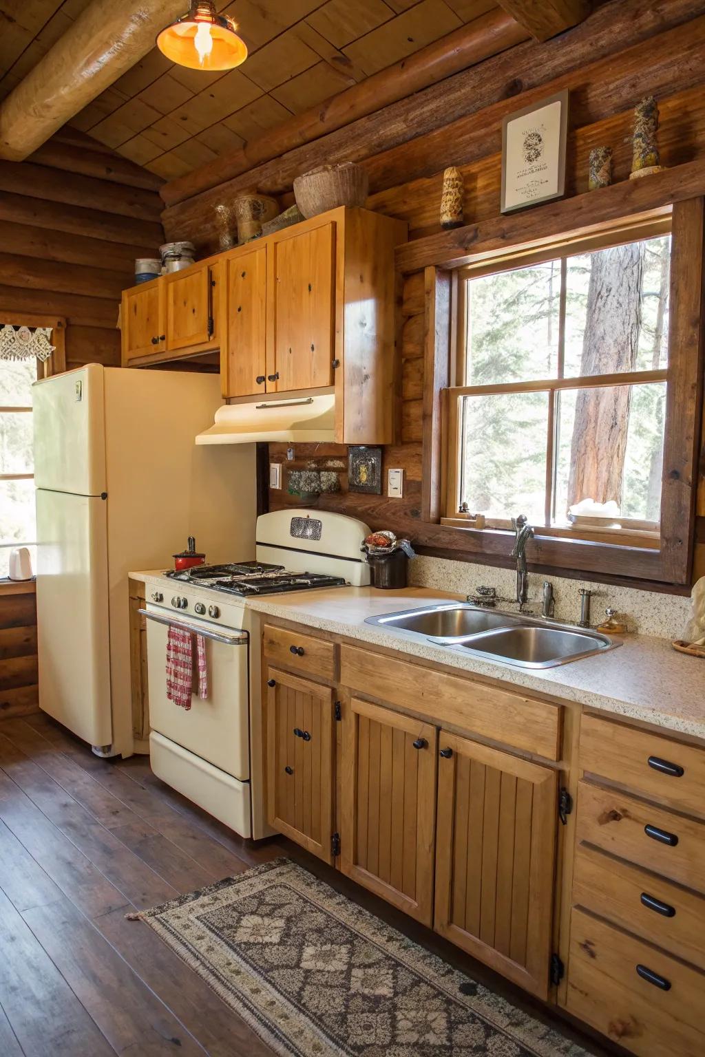 Charming vintage-style appliances in a rustic kitchen setting.