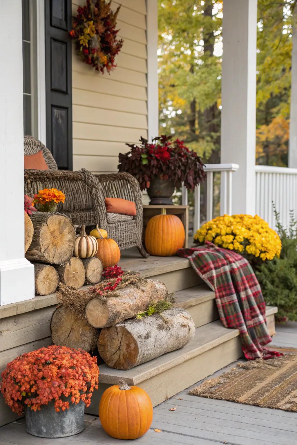 Logs used in a seasonal autumn decoration.