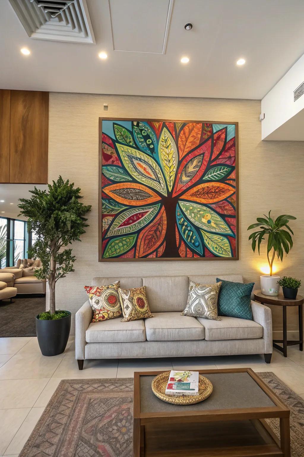 Art transforms walls and becomes a focal point in the lounge.