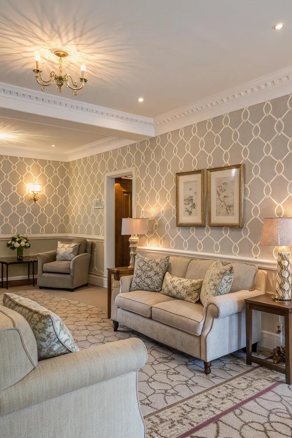 Partial wallpapering adds depth and intimacy to the lounge.