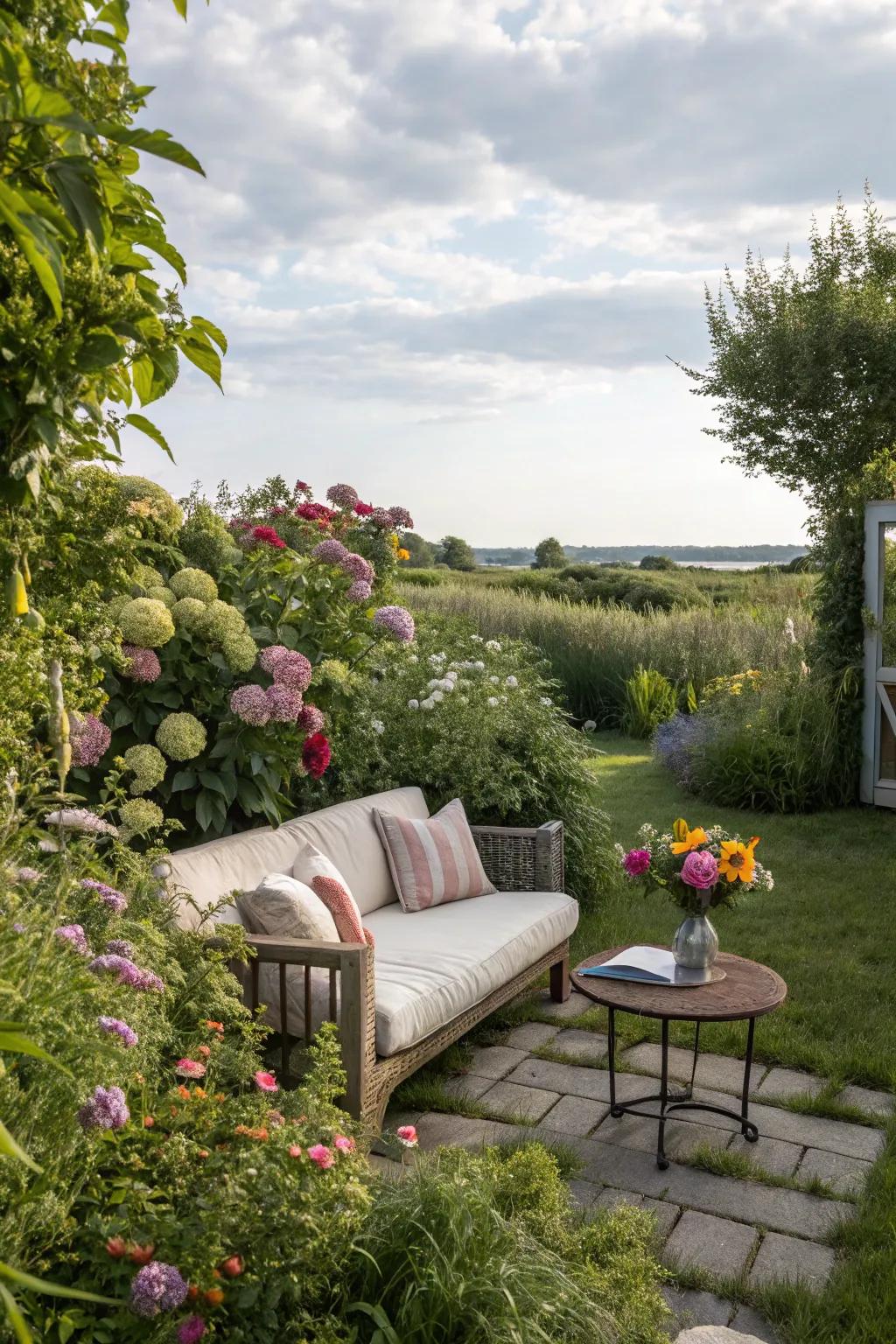 A tranquil seating area surrounded by lush perennials.