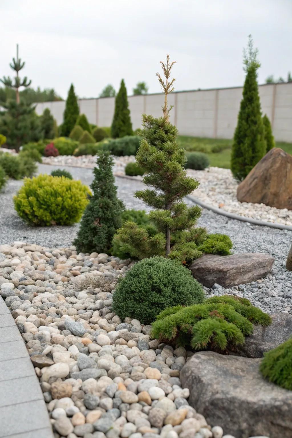 Dwarf conifers bring evergreen beauty to a rock garden.