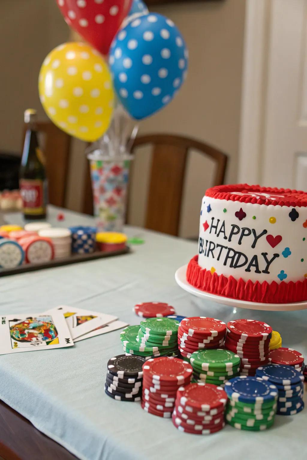 Poker chips used creatively as decorations to enhance the party theme.