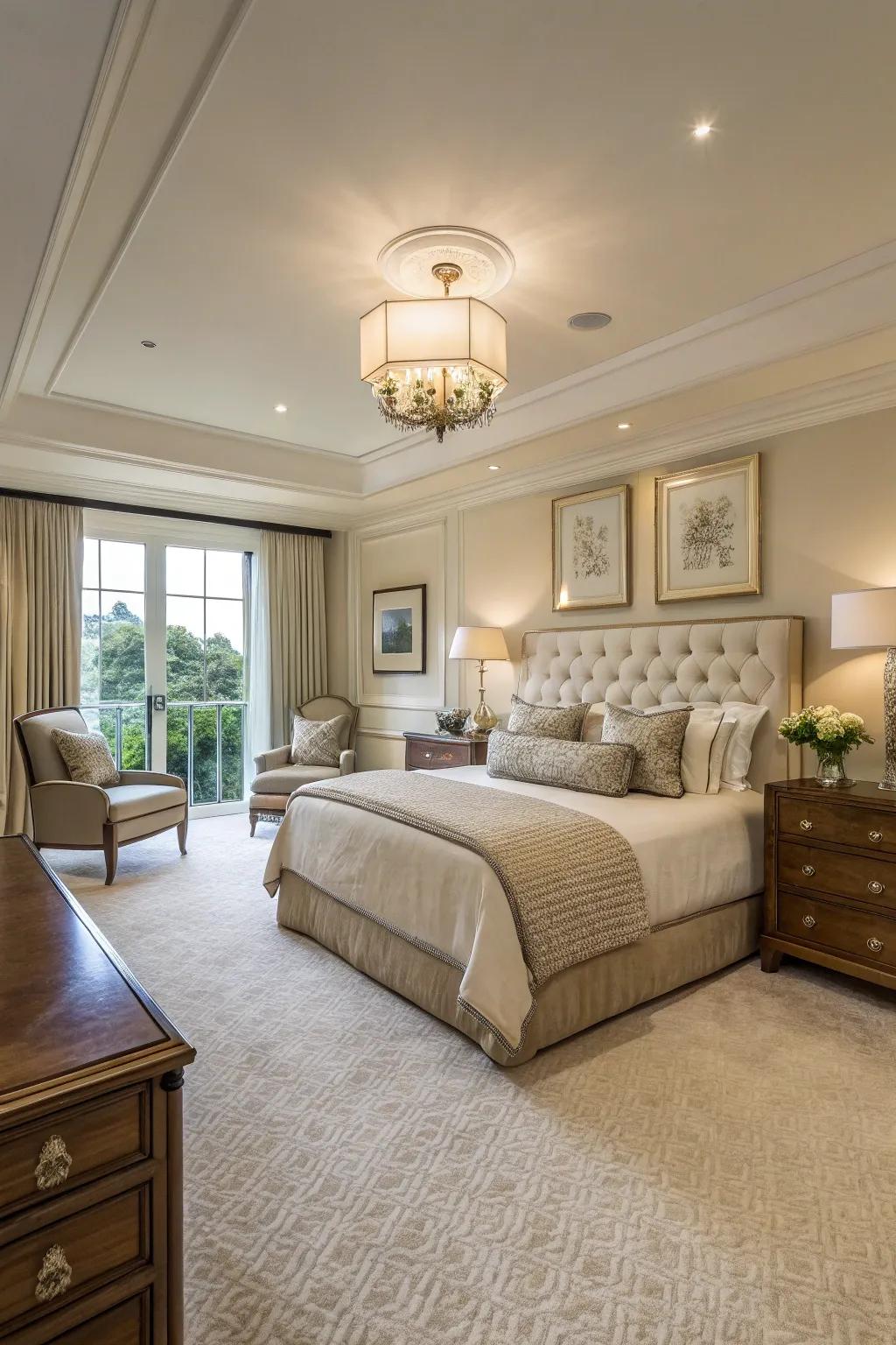 A luxurious bedroom with a spacious layout that enhances comfort and functionality.