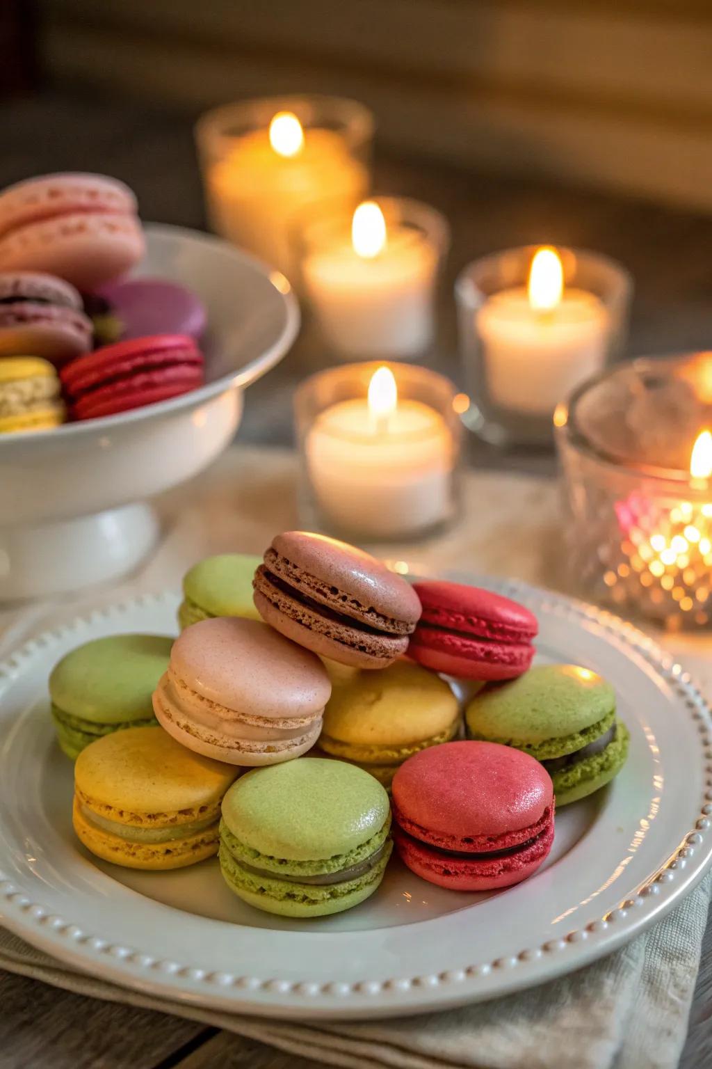 Macarons displayed under soft candlelight.