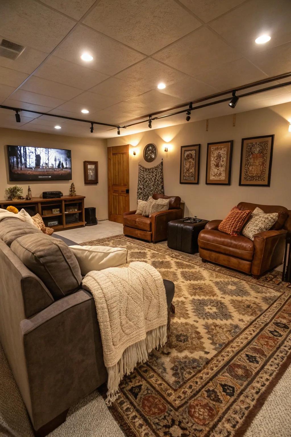 Warm rugs and throws add comfort and style to this man cave.