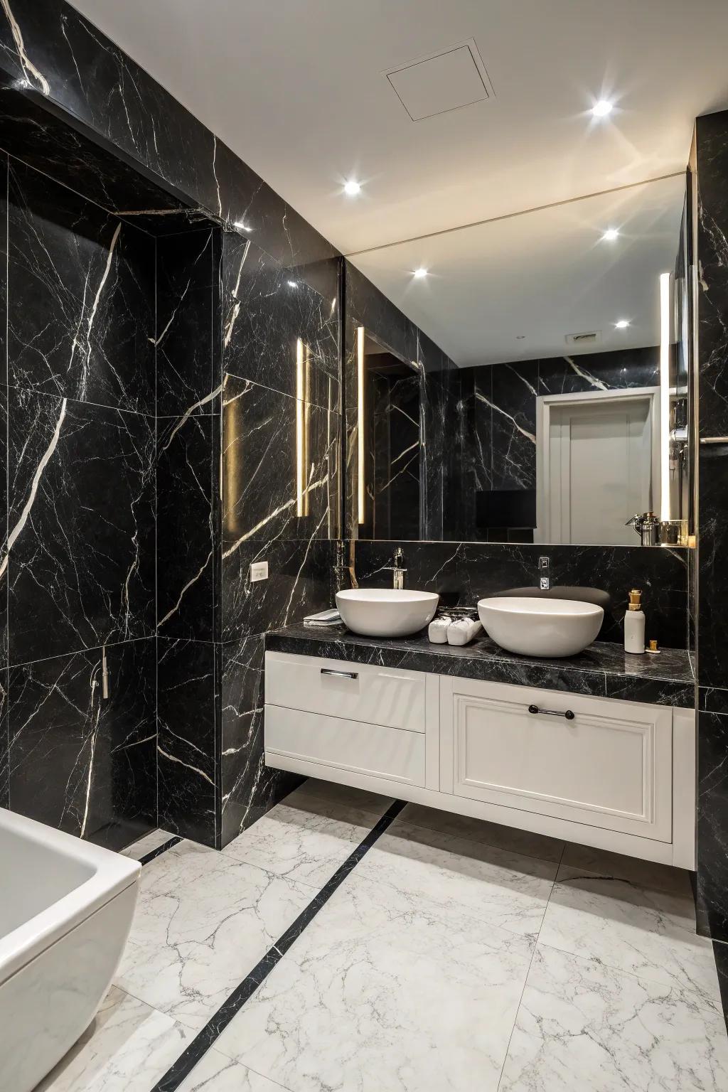 Black marble creates a dramatic and stunning look in this bathroom.