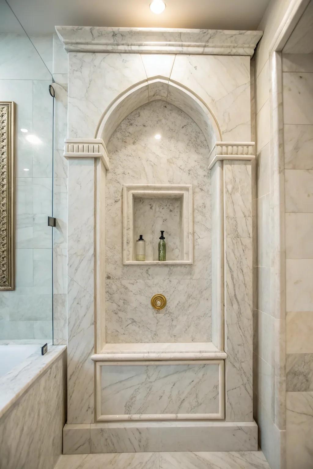 A symmetrical marble niche adds balance to your shower design.