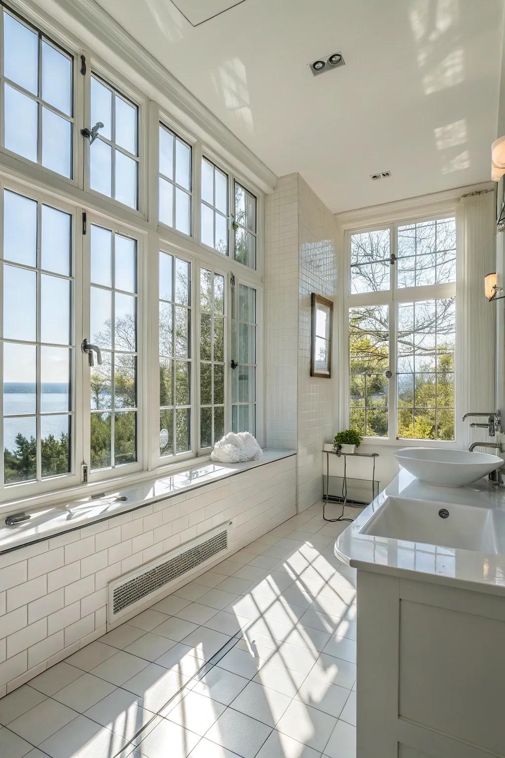 Bright bathroom with large windows flooding the space with natural light.