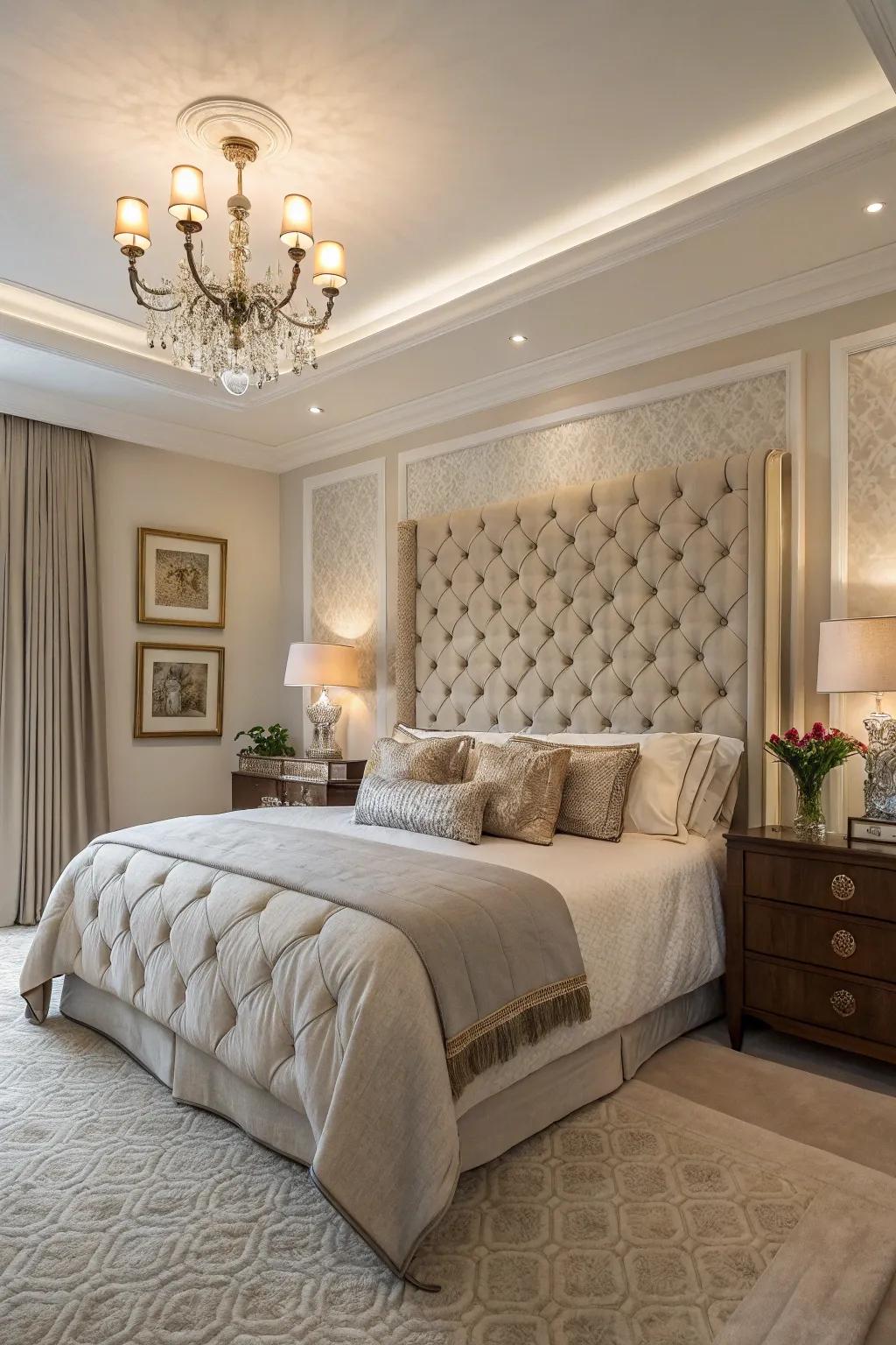 Textured elements like tufted panels add elegance to your headboard wall.