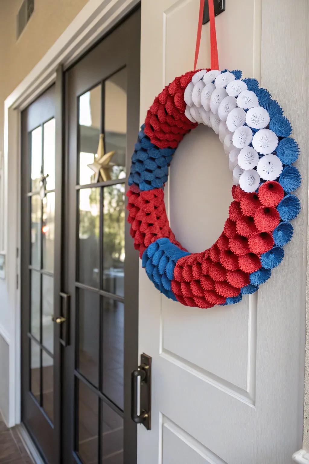 An eco-friendly wreath crafted from recycled cardboard.