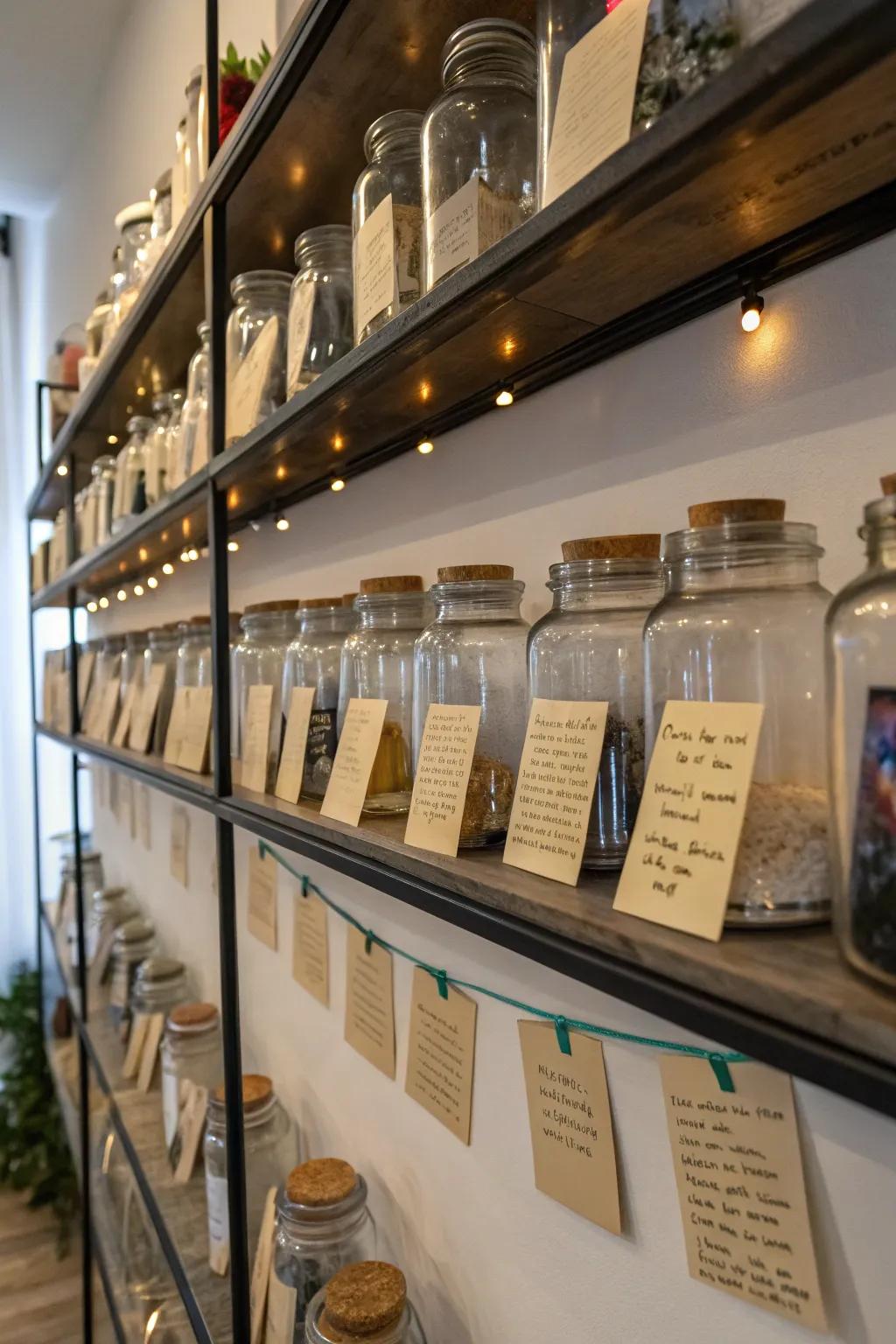 Memory jars filled with treasures, adding a personal touch to a memorial wall.