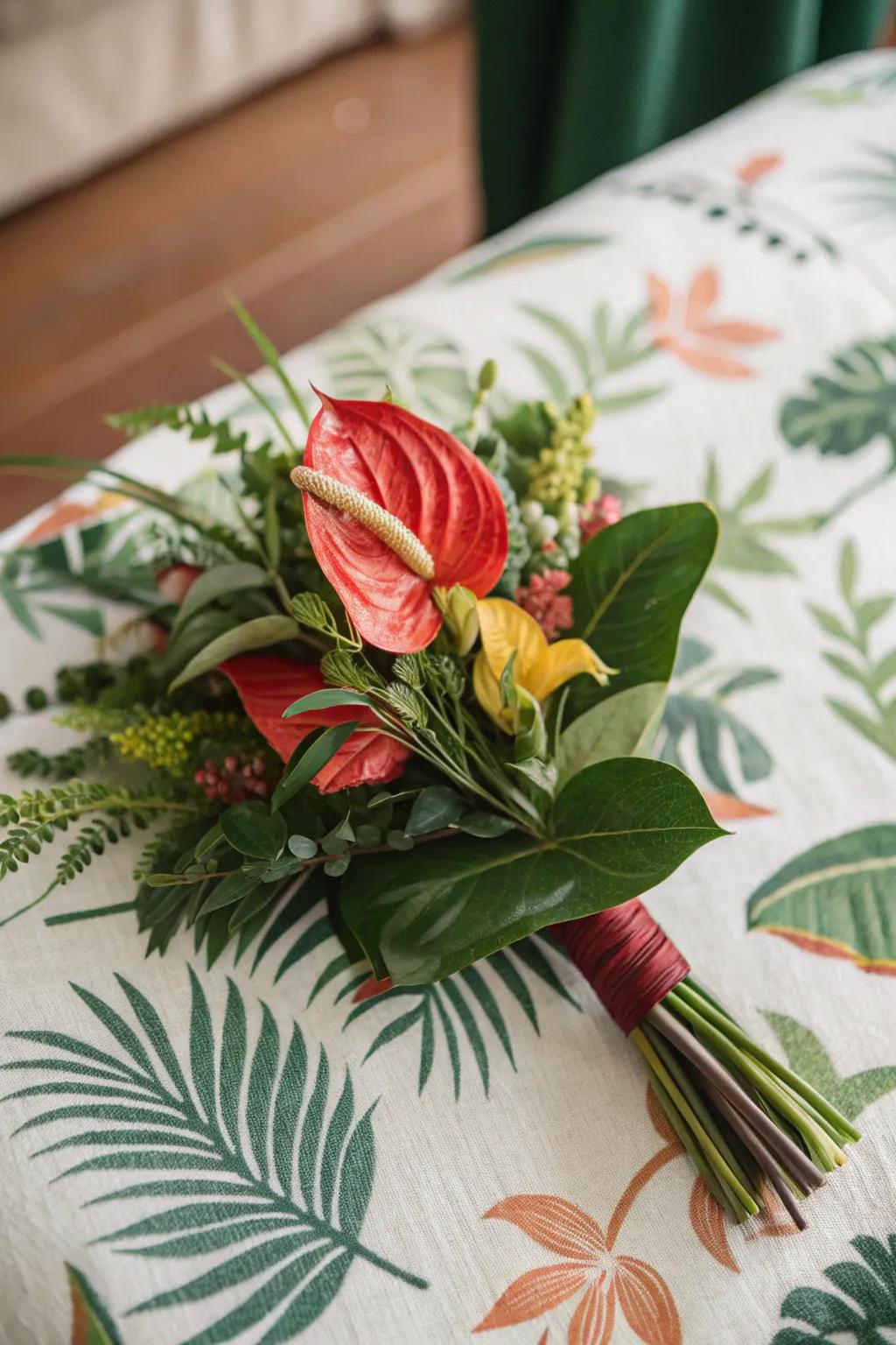 A tropical anthurium boutonniere adds a lively touch.